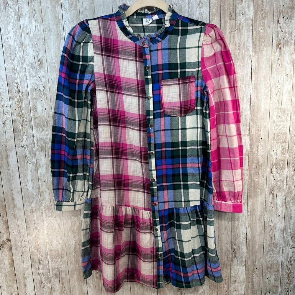 GAP Kids Girls Plaid Flannel Drop Waist Dress Ruffle Collar Puff Sleeve XL 12 13